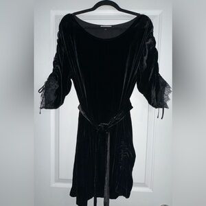 NWOT Gold Hawk Black Velvet Lace Trim Dress | Ruched Details | Size S